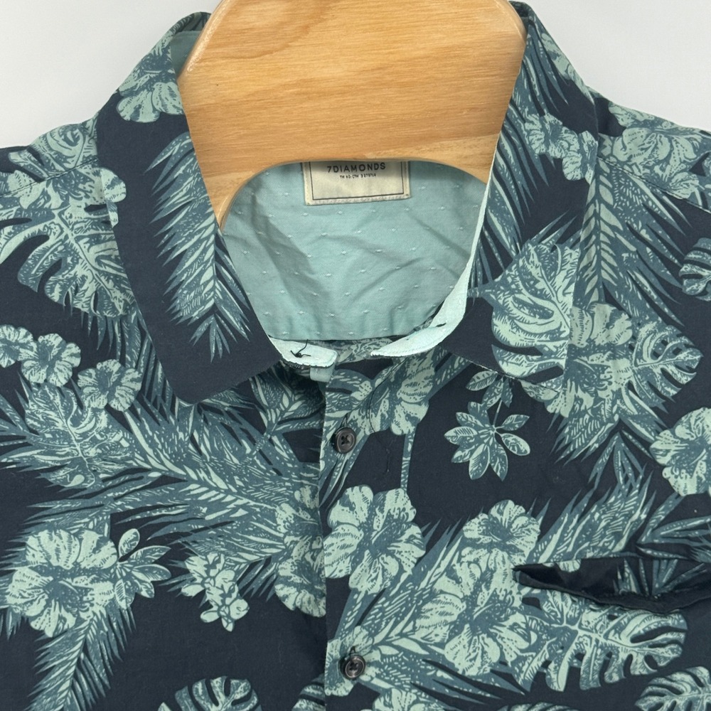 7Diamonds Mens XXL Navy Teal Tropical Floral Button Up Shirt SMK7060